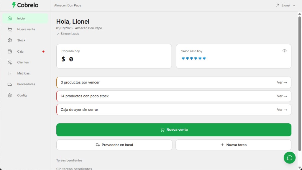 Dashboard de Cobrelo con resumen del día